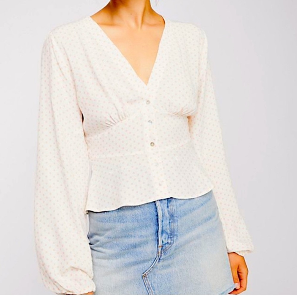 Free People White Pink Polka Dot Women's Top - Long sleeve - Size XS